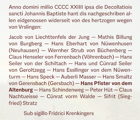 Transkriptionstext des Nachweises: Anno domini millio CCCC XXIIII ipsa die Decollatiois sancti Johannis Baptiste hant dis nachgeschriben allen eidgenossen widerseit von des hertzogen wegen von Vrslingen: Jacob von Liechttenfels der Jung — Mathis Billung von Burgberg — Hans Eberhart von Nüwenhusen (Neuhausen) — Wernher Strub von Büchenberg — Claus Henseler von Ferrenbach (Vöhrenbach) — Hans Seiler von der Schiltach — Hans und Cünrad Seiler von Geroltzegg — Hans Essllinger von dem Nüwenturm — Hans Speck — Auberli Masser — Hans Smaltz von Gerensbach (Gersbach) — Hans Pfister von dem Altenburg — Hans Schindenweg — Peter Hüt — Claus Nachtueisse — Cünrat vorm Walde — Sifrit (Siegfried) Stratz. Sub sigillo Fridrici Krenkingers