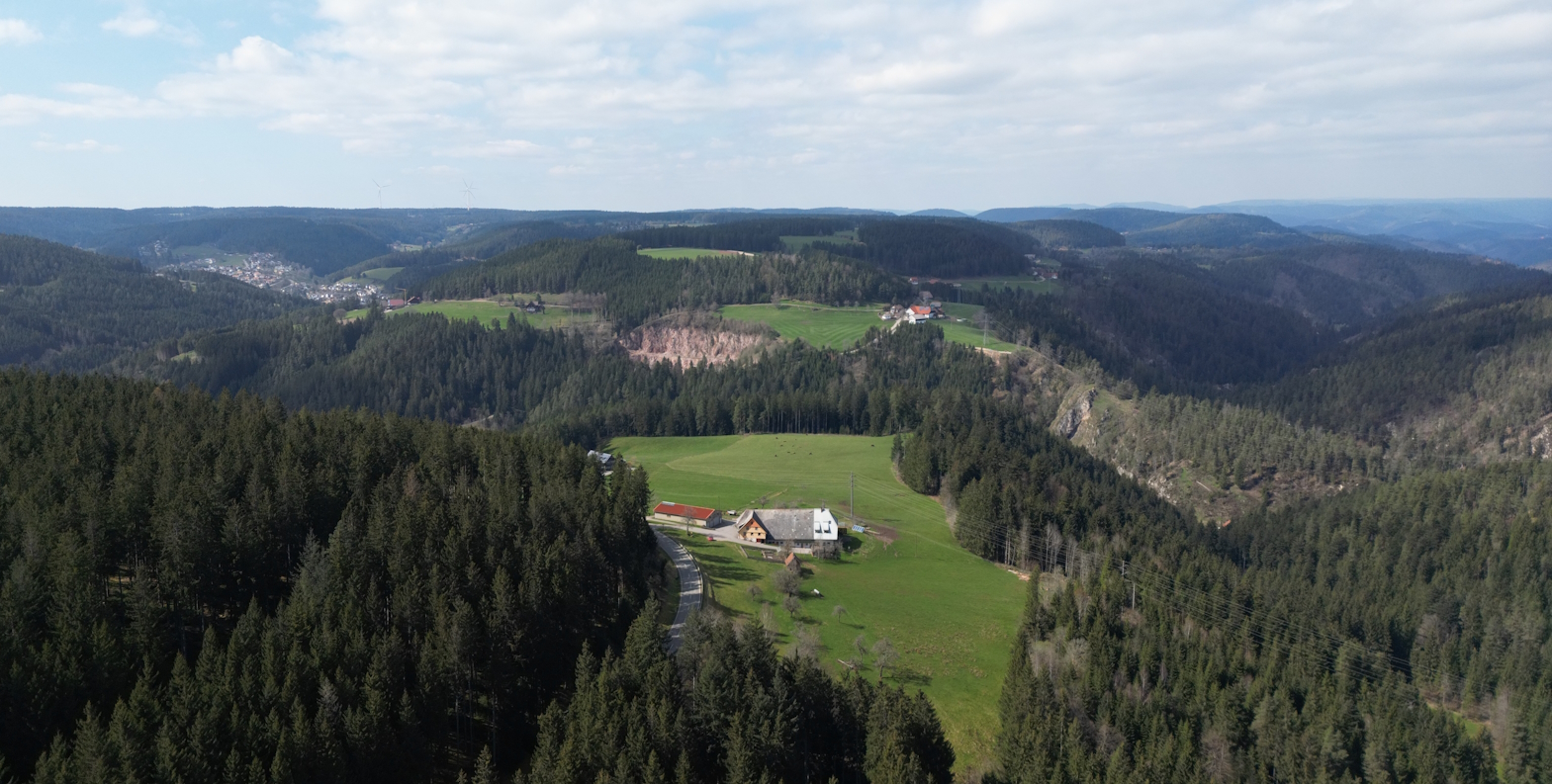 Josenbauernhof in Mittelgebirgslage umgeben von Wald und Feld